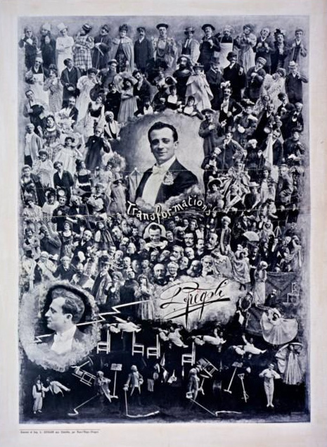 Poster 'Transformations L. Frégoli' (1900): a portrait of Fregoli surrounded by dozens of small figures, all of them Fregoli in different costumes