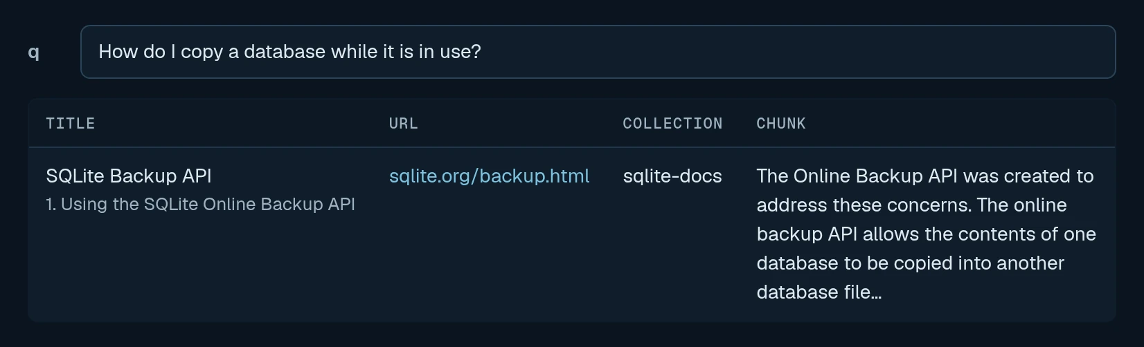 Search results as a SQL table